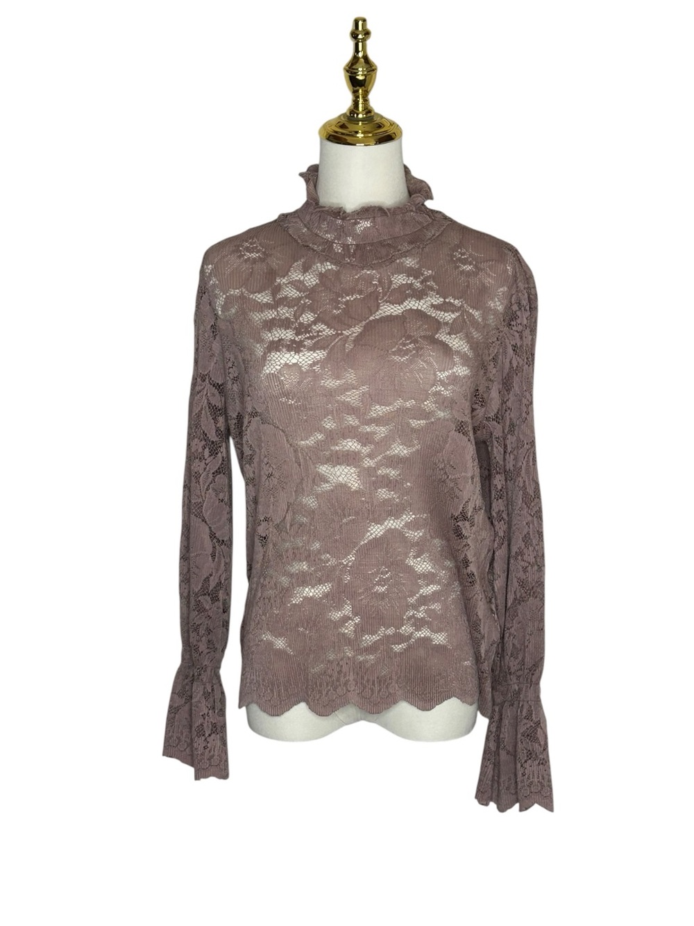 everleigh Mauve Lace Coquette Mock Neck Sheer Top Whimsigoth Sz SP Regency EUC
